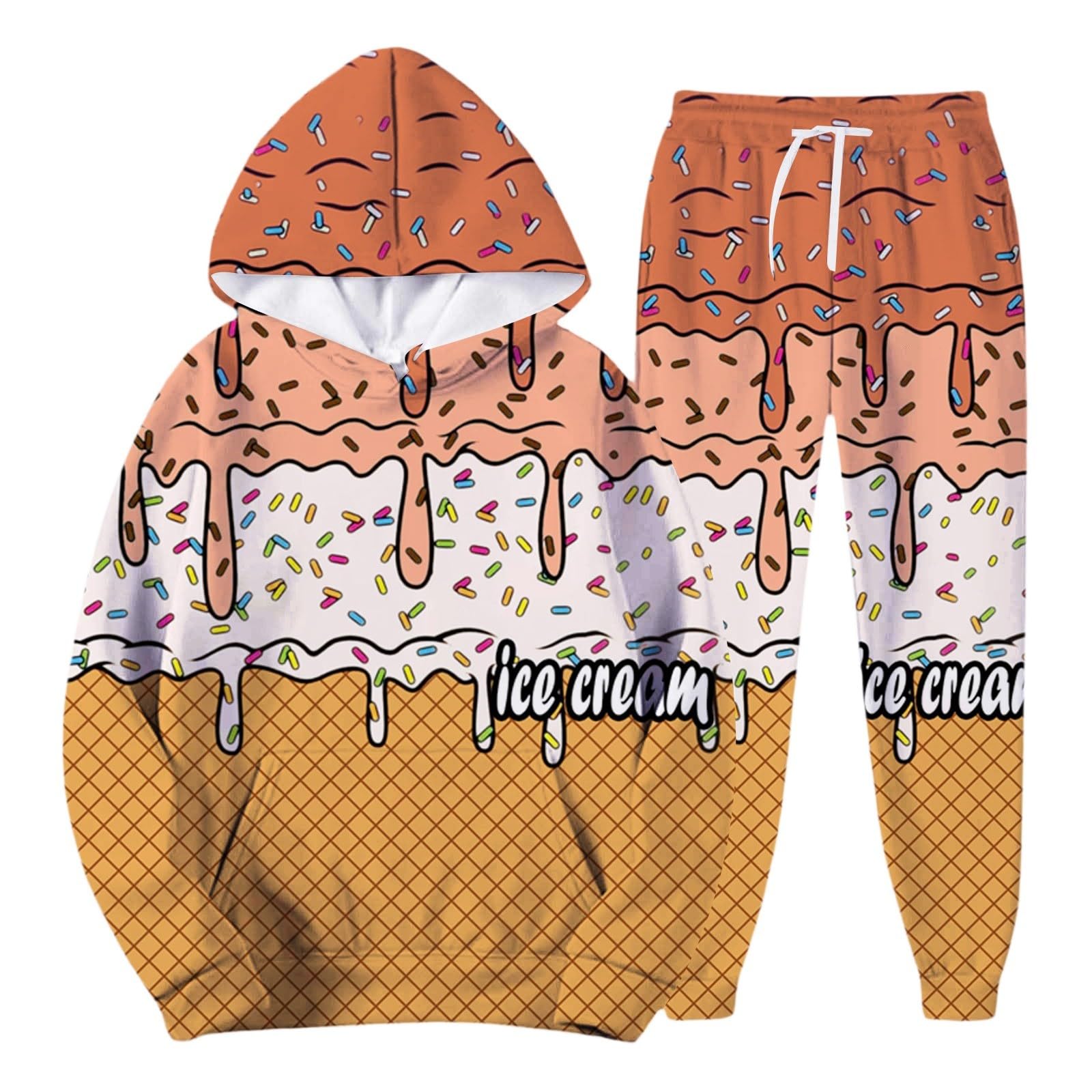 Generisch Trainingsanzug Herren Ice Cream Druck Gradientenfarbe Jogginganzug Baumwolle Sportanzug Y2k Streatwear Zweiteiler Langarm Hoodies und Jogginghosen Set Bequeme Hausanzug mit Taschen