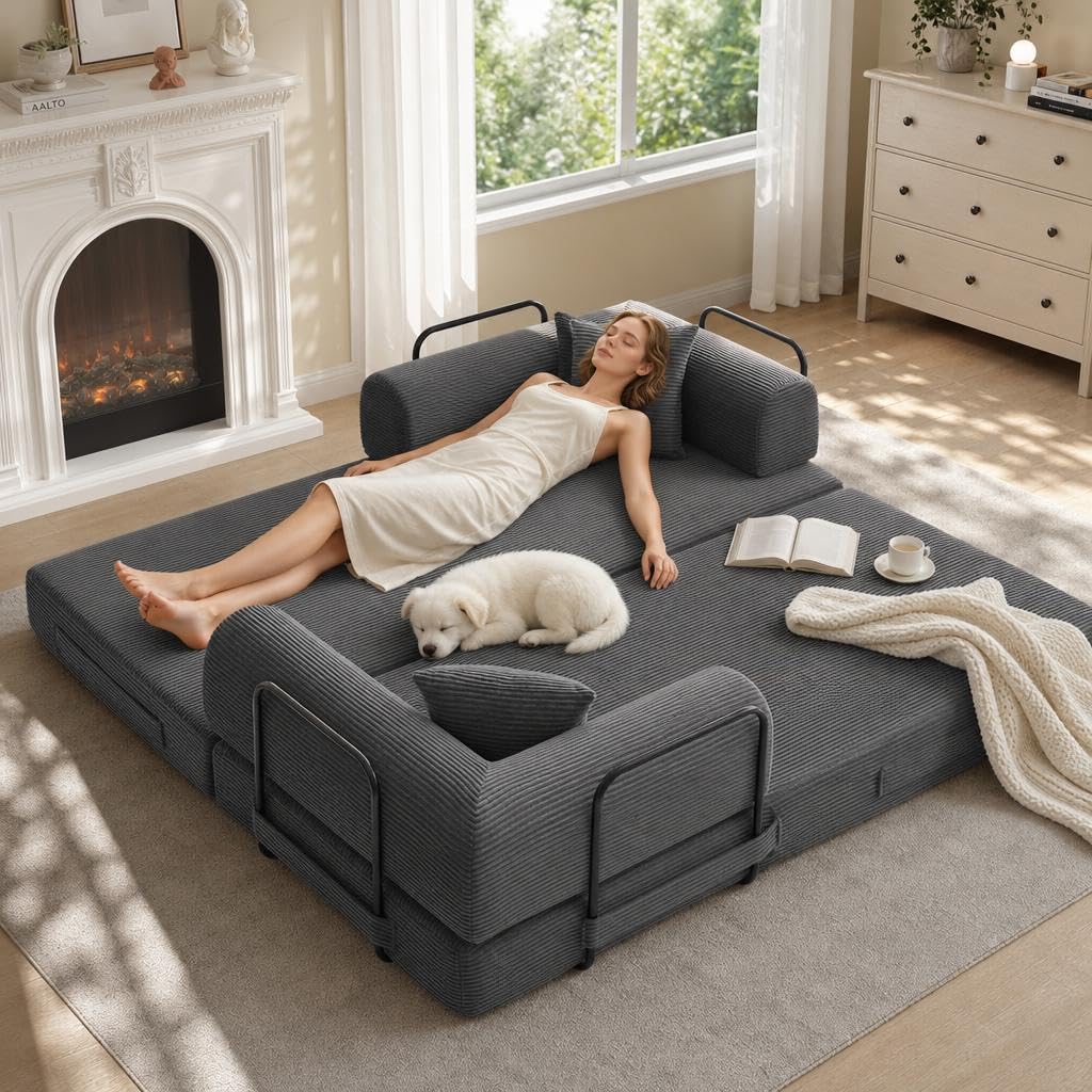 IDEALHOUSE 79" Convertible Futon Sofa Bed, Boneless Couch for Living Room | Folding Corduroy Sleeper Sofa, Modular Pull Out Couch with Pillows, Loveseat,No Assembly | Gray