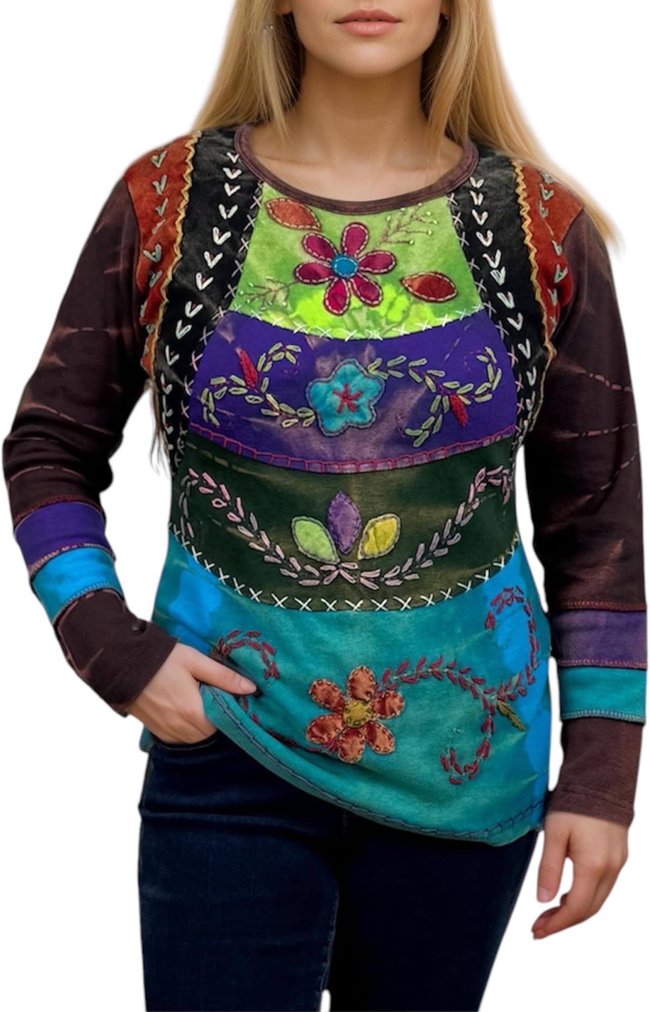 Agan Traders Women's 2025 Spring Rib Knit Cotton Stonewashed Patched Tie Dye Long Sleeve Bohemian Embroidered Top Blouses