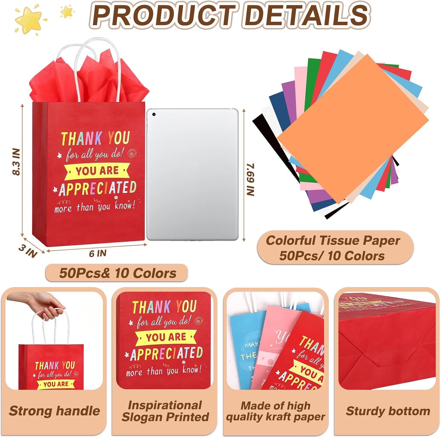 Addblu 50 Pack Employee Appreciation Gifts Bags Bulk with Handles image 2