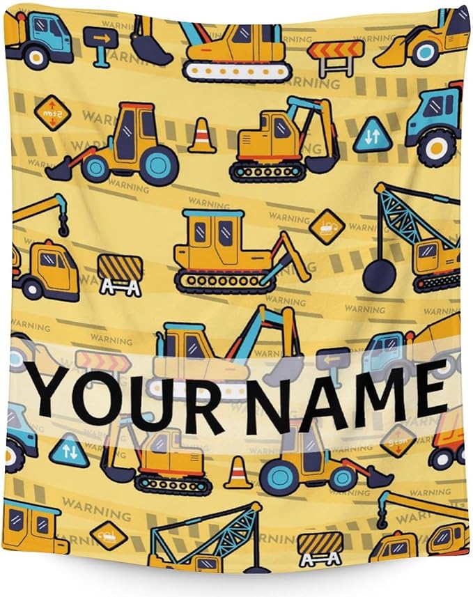 Personalized Construction Truck Blanket Gifts with Name - 60x80 Inches Funny Throw Blanket for Boys & Kids - Yellow Soft Fuzzy Excavator Blankets for Bed, Couch & Living Room