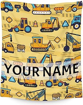 Personalized Construction Truck Blanket Gifts with Name - 60x80 Inches Funny Throw Blanket for Boys & Kids - Yellow Soft Fuzzy Excavator Blankets for Bed, Couch & Living Room