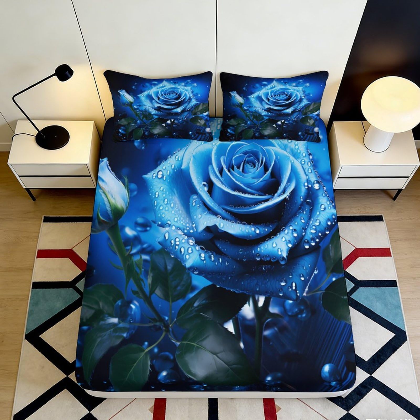 Kzqnxhjprl Style-7 3D Printed Blue Rose Fitted Sheet Microfiber Soft Bedroom Decor Waterdrop Floral Mattress Cover For Home Guest Room 90X200x25cm