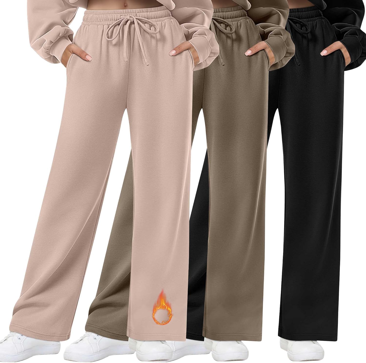 3 Pack Womens Fleece Lined Sweatpants Straight Leg Thermal Baggy Lounge Pants Elastic Waist Joggers with Pockets