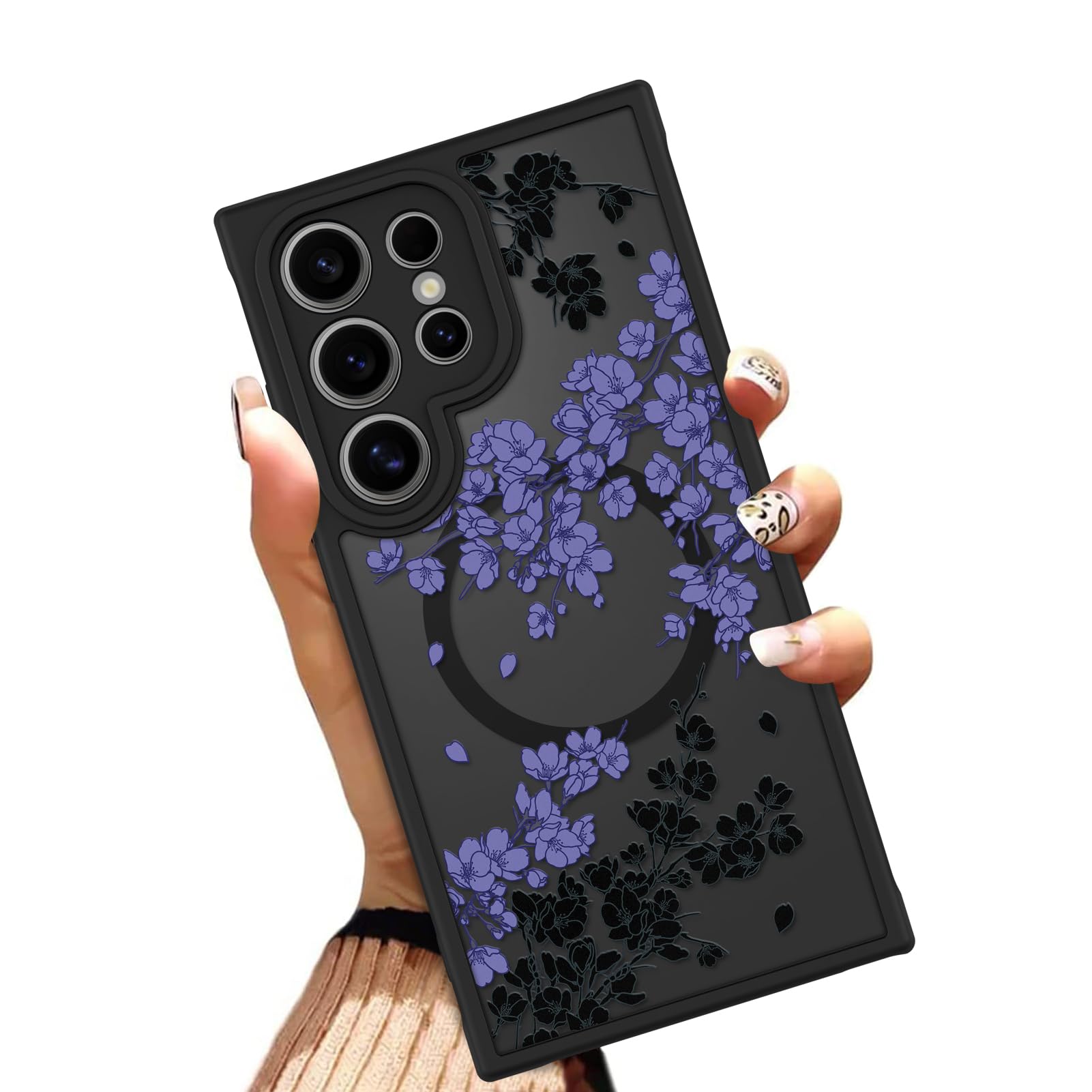 OOK Case Fit for Samsung Galaxy S24 Ultra 6.8 in (Wireless Charging Compatible) Purple Floral Flowers Design Translucent Phone Cover Soft TPU + Hard