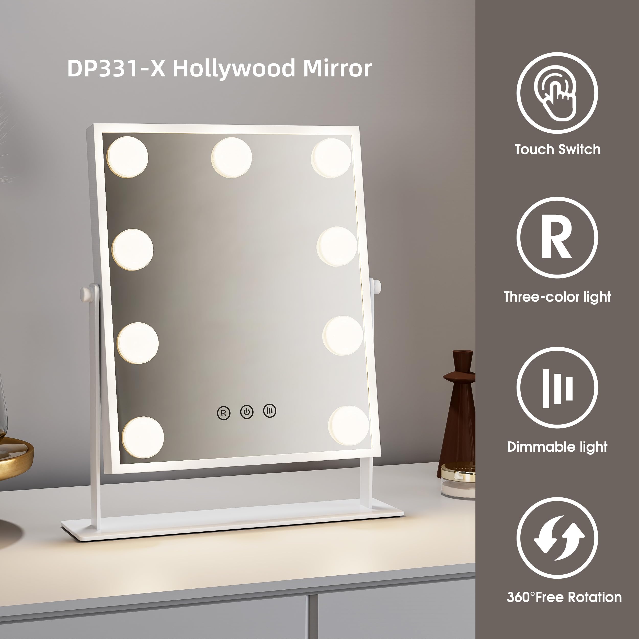Specchio da trucco con illuminazione grande – Hollywood Specchio da toeletta 3 colori chiari e touch – Tavolo da toeletta con luce girevole – Specchio da trucco – Alluminio Vanity Mirror with