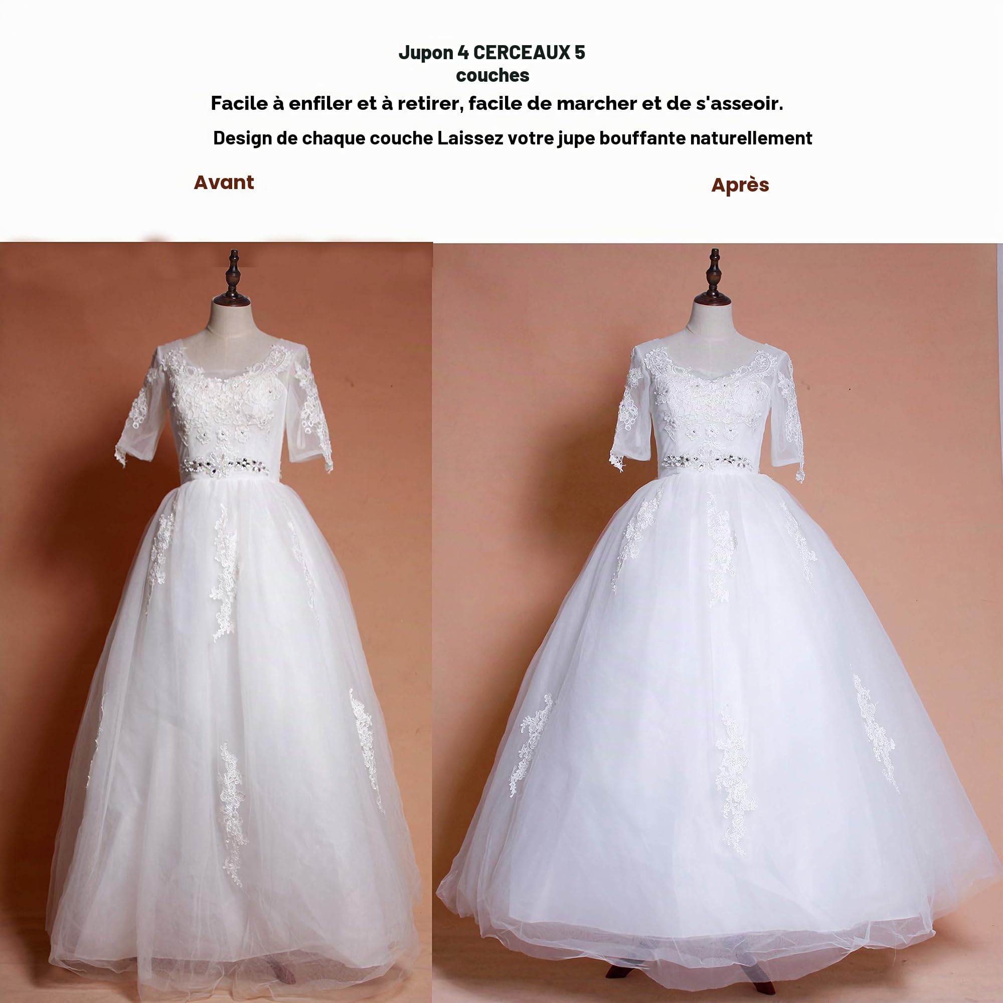 YULUOSHA Jupon en crinoline pour femme - Jupe 4 cerceaux - 5 couches de volants - Demi-slip - Pour robe de mariée
