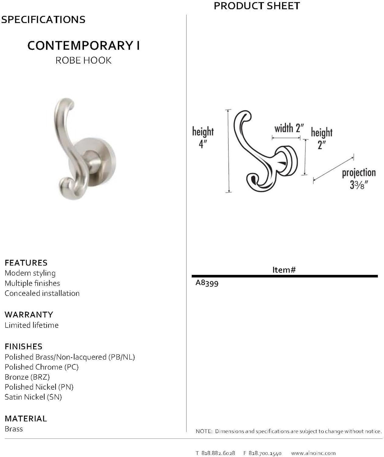 Alno A8399-SN Contemporary I Modern Robe Hooks, Satin Nickel