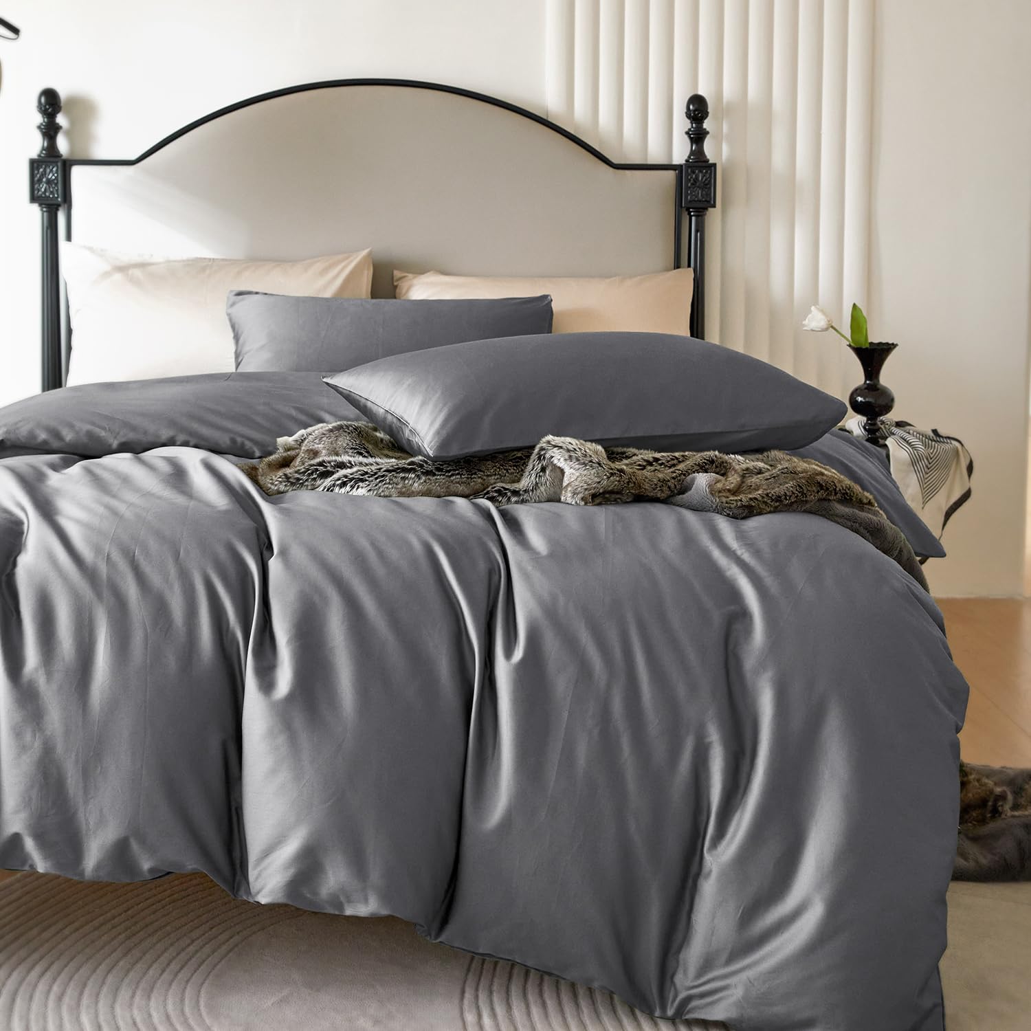 PURE ERA Duvet Cover Set 800 Thread Count Long Staple Cotton Sateen Silky Soft Luxurious Smooth 3 Piece Set Solid Deep Grey King