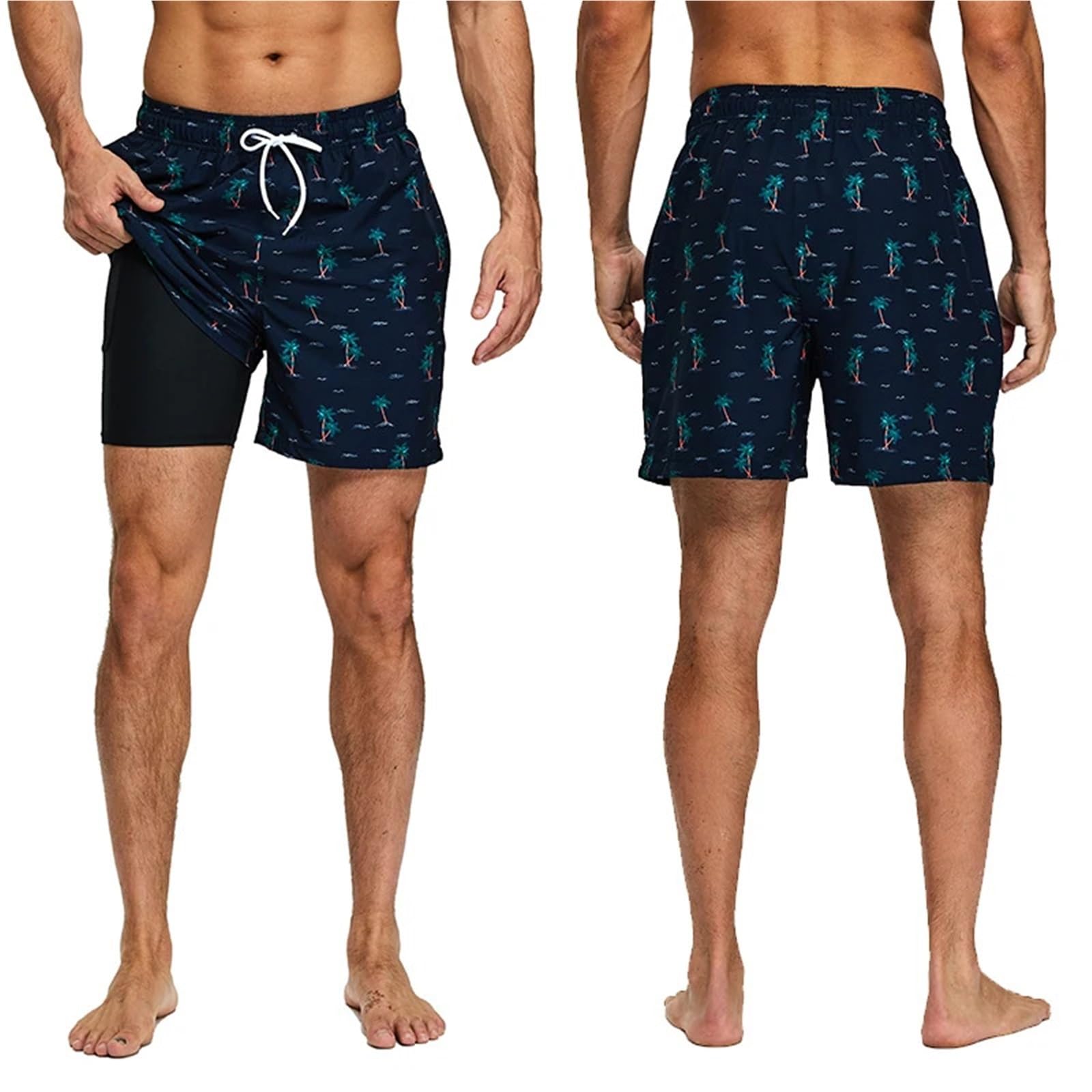 Pantaloncini da Bagno Estivi in ​​Poliestere da Uomo, da Palestra, ad Asciugatura Rapida, con Elastico in Vita, Pantaloni da Spiaggia(Blue with White,L)