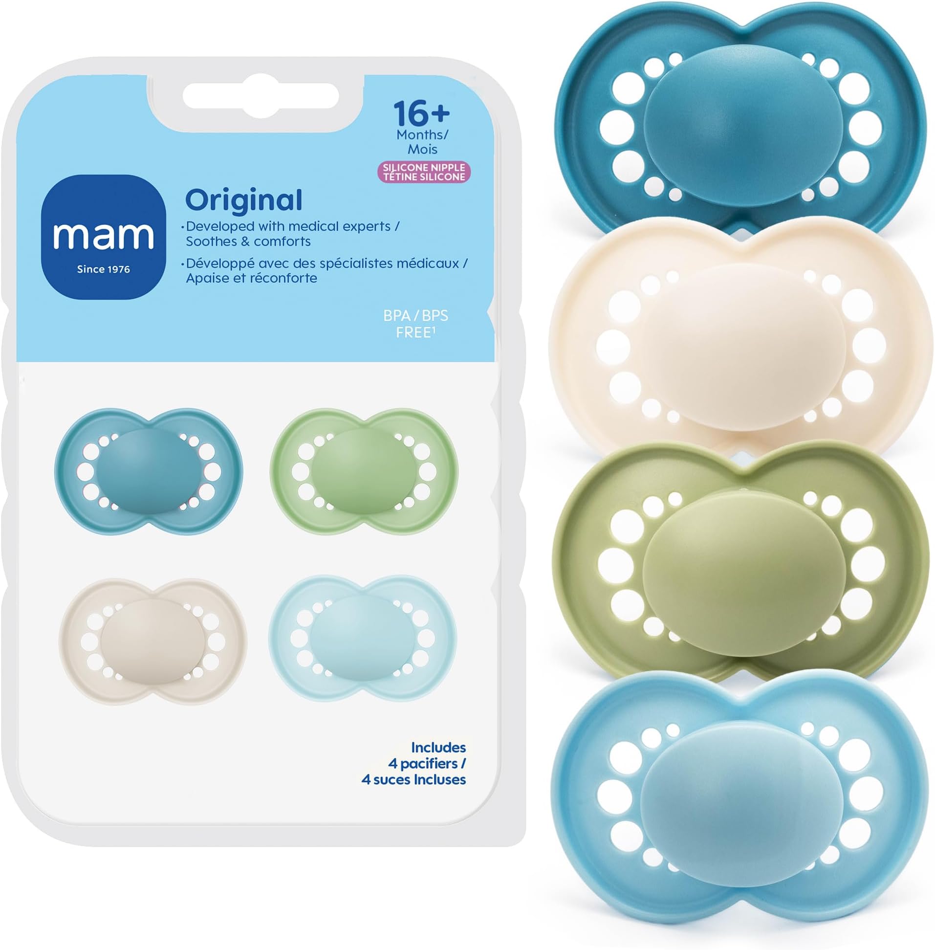 MAM Original Matte Baby Pacifiers 16+ Months, Binky for Newborn Babies, BPA-Free Skin Soft Silicone Nipple, Easy to Clean, Developed with Medical Experts, 4 Count, Made in Europe