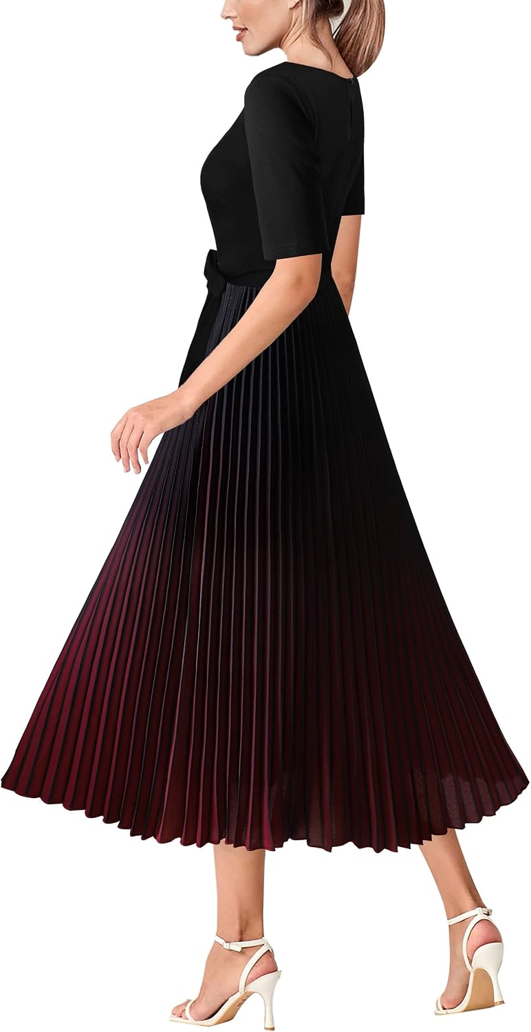 VFSHOW Womens Elegant Patchwork Belted Work Business Office Casual Party Pleated A-Line Midi Dress