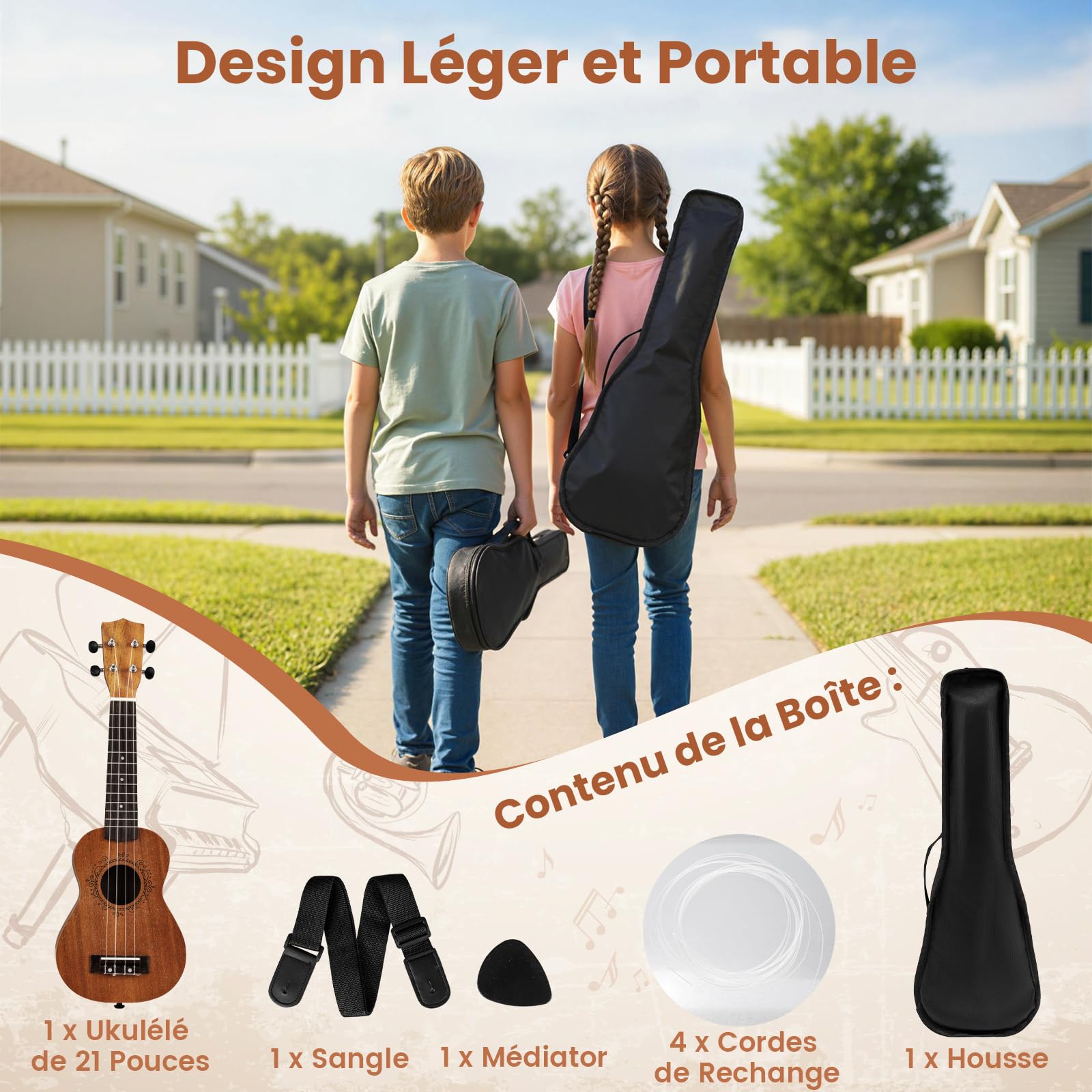 COSTWAY Ukulélé Soprano en Acajou avec 4 Cordes en Nylon, Ukulélé Kit 21 Pouces avec Sac de Transport, Sangle, Médiator, Instrument de Musique Éducatif pour Débutants Garçons Filles