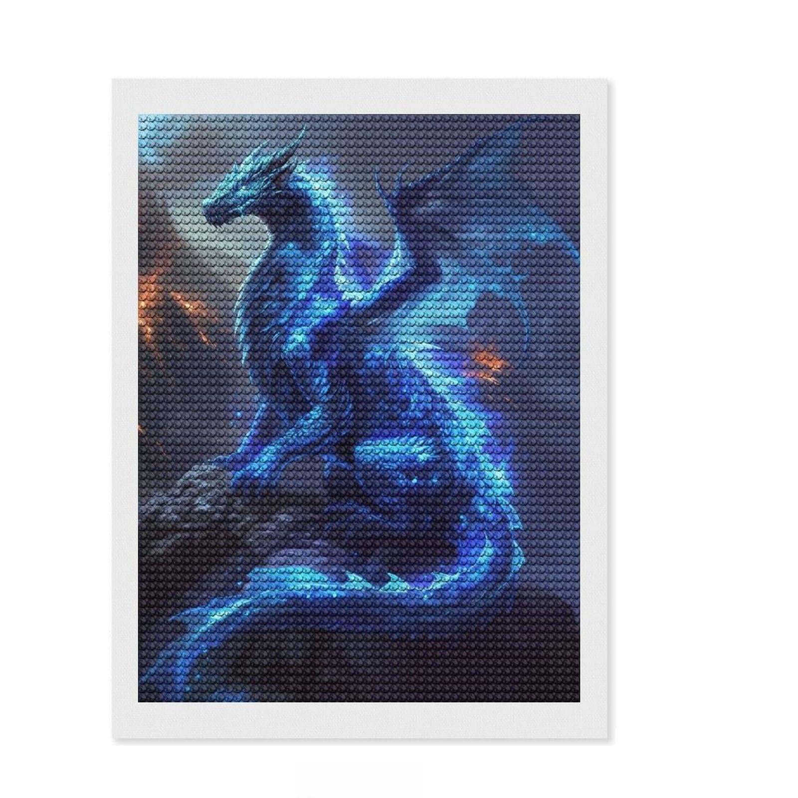 Junmoney Ethereal Blue Dragon Diamond Painting Kit 12"x16", Stress Relief Craft, Neat Printed Canvas, Boho Decor, Festive Craft Gift