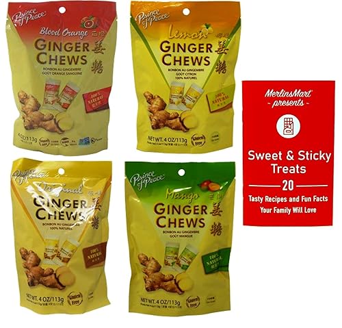 Prince of Peace - Masticables de jengibre natural con 4 sabores, (1) cada uno original, limón, naranja sangre, mango (4 onzas), paquete de folleto