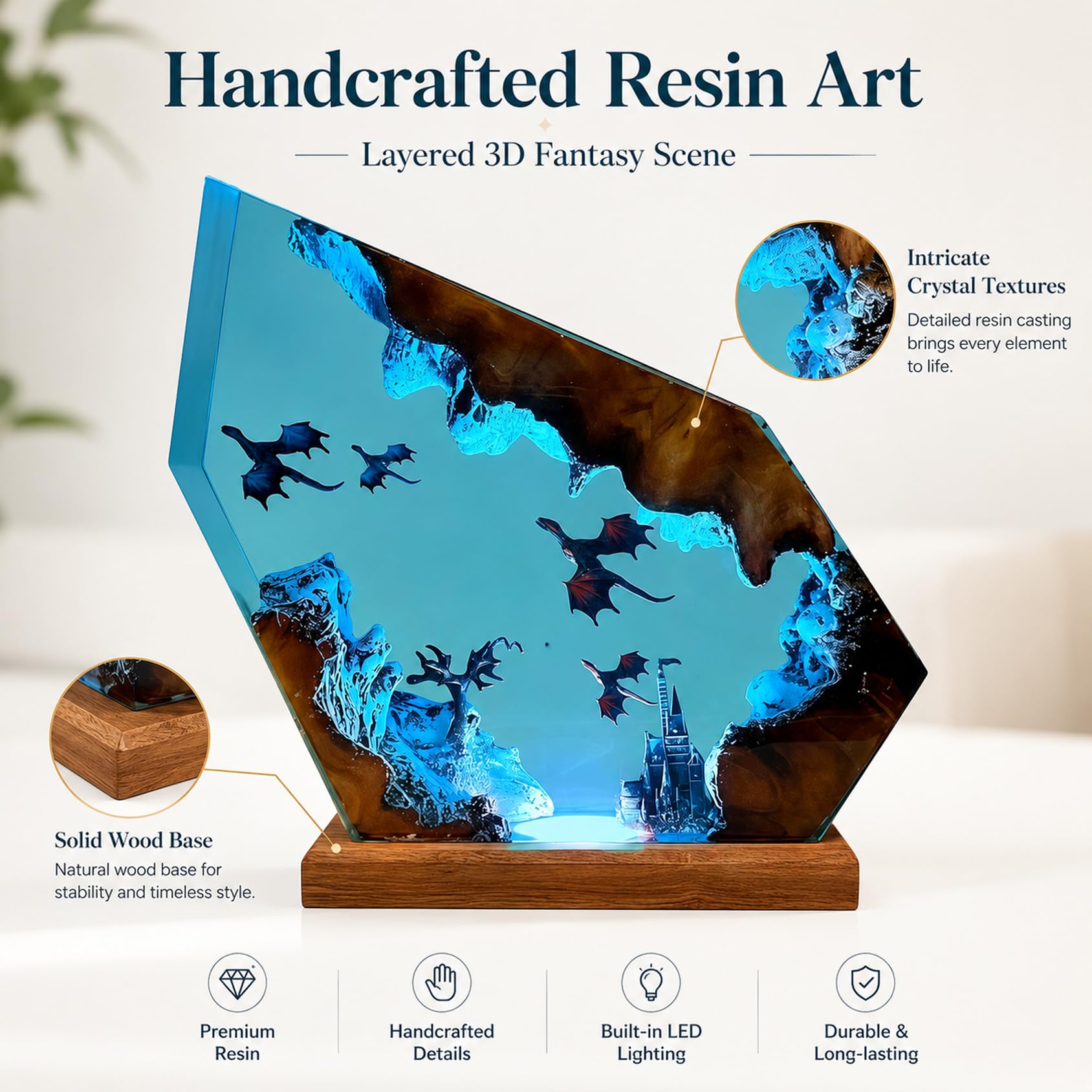 Drawelry 3D Ozean Epoxidharz Nachtlicht Meere Figuren Statue Ornamente mit Holzsockel Harz Marine Tier Hai Wale Oktopus Taucher Kunsthandwerk Skulptur Tischlampe Mini Aquarium Dekoration (B14, S)