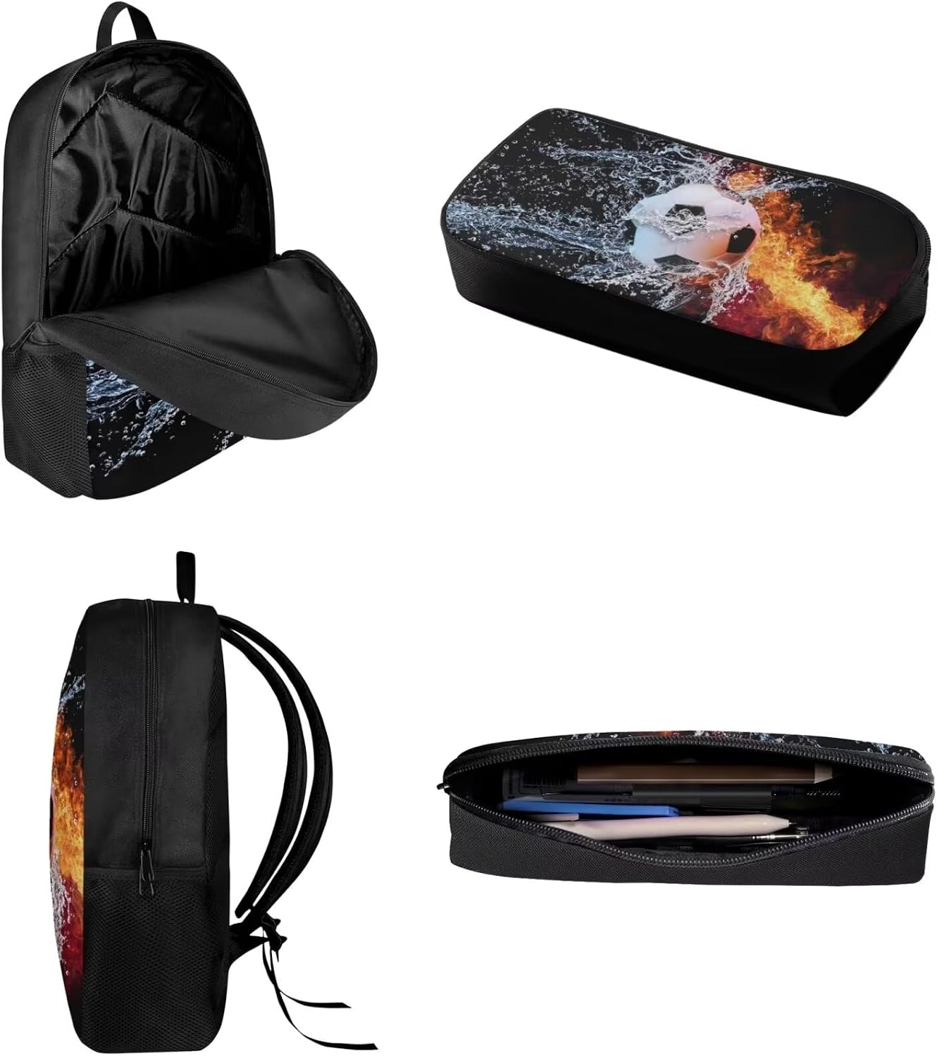 Belidome Water Fire Soccer School Backpack for Boys Kids + Lunch Bag + Pencil Box Case 3 Pack Back to School Supplies Daypack
