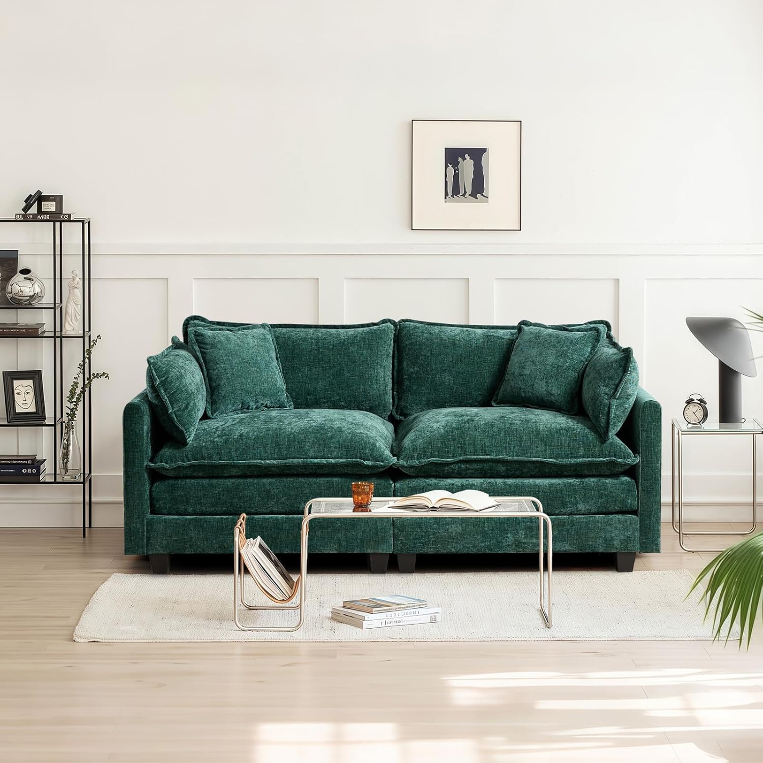 Sofá Modular Modular de 76.7 Pulgadas, sofá Convertible de felpilla de 2 plazas con Asiento Profundo, sofá biplaza con Almohadas para Sala de Estar, apartamento, Oficina (Verde) | Sofá seccional convertible en estilo nube. La funda de chenilla suave hace