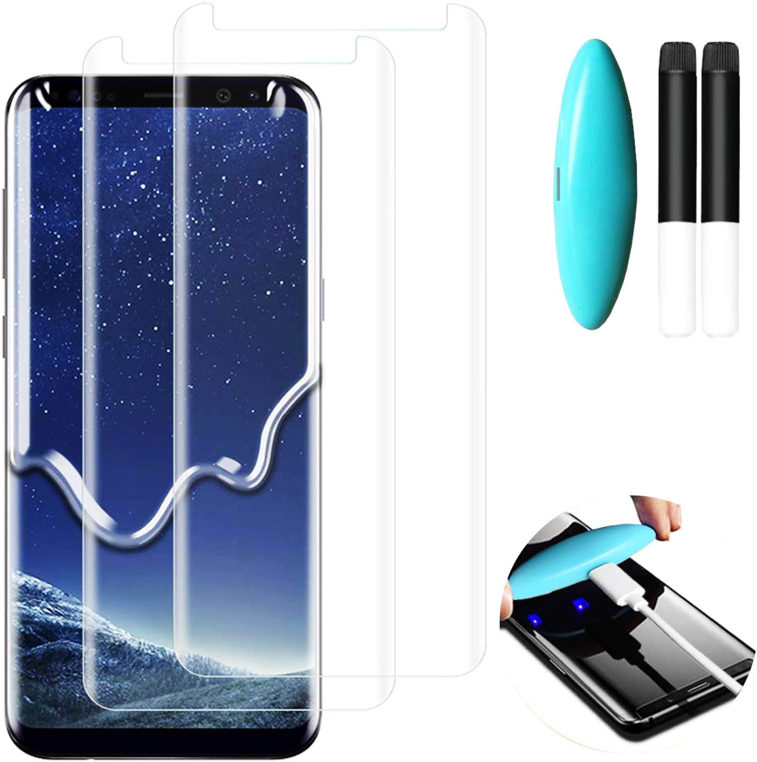 Johncase [2 Pack Screen Protector Compatible for Samsung Galaxy S8 Plus/S9 Plus (S8+/S9+), Full Edge 3D Curved Tempered Glass Film W/UV Liquid Adhesive Light Installation Kit [Case Friendly]