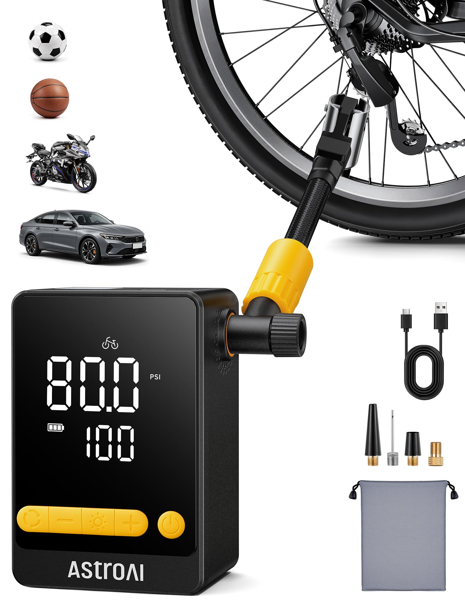 Bike Pump, 12s Fast Inflate Bicycle Pump, Air Pump for Car Tires