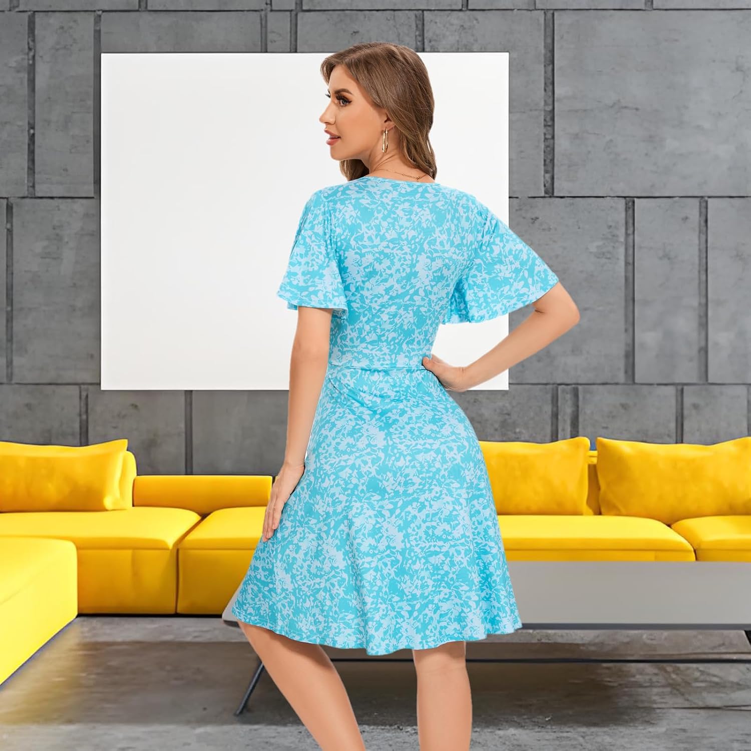 Summer Dresses for Women 2025 Vacation Cyan Casual V-Neck Floral Wrap Sundress Flutter Sleeve Knee Length Graduation Dress,X-Large - Image 5