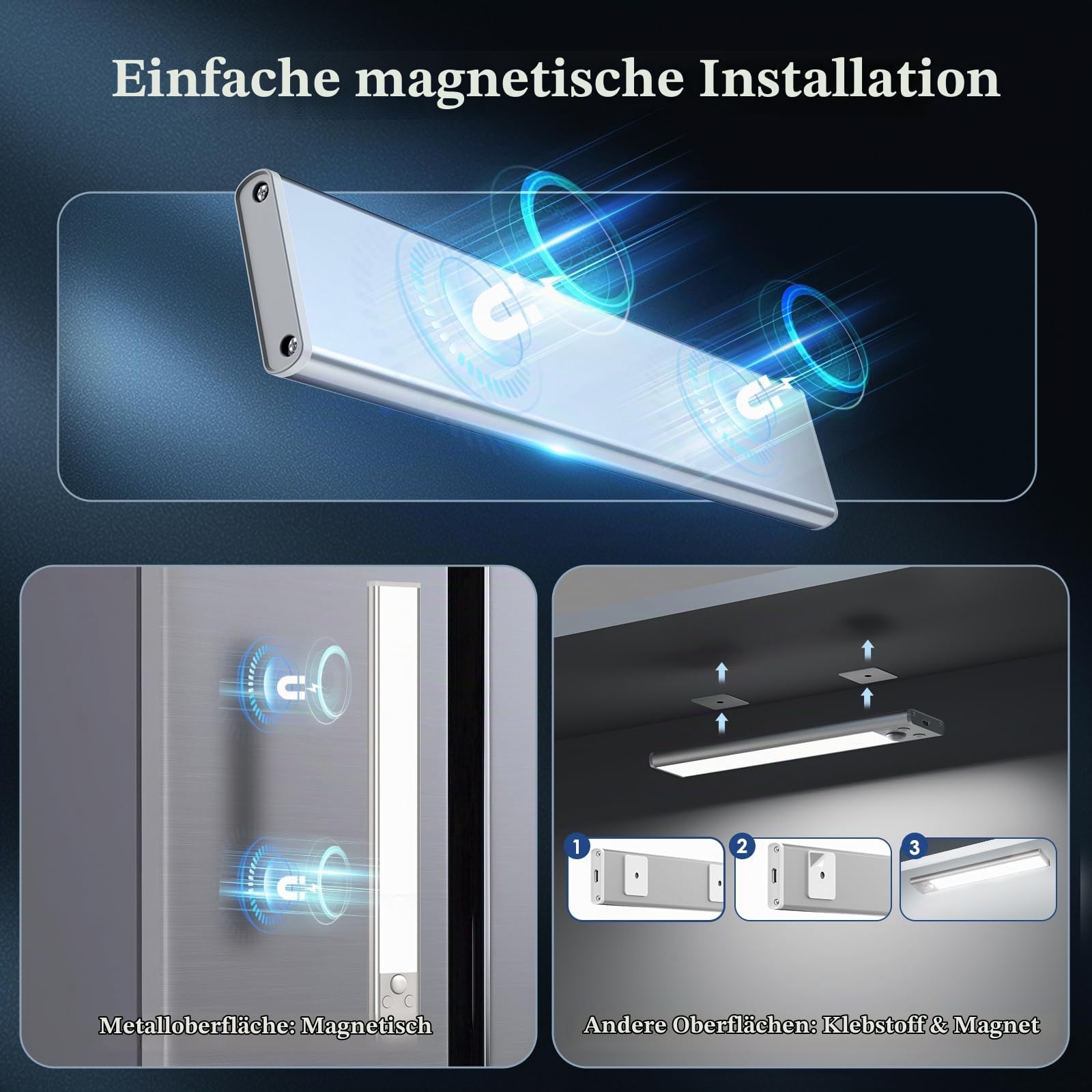 Demkia Schrankbeleuchtung Unterbauleuchte Küche LED mit Bewegungsmelder, 35cm Aufladbar Akku Lampe 3 Farbtemperaturen Kabellos Leiste Magnetische Licht Leuchte USB Kleiderschrank für Kleiderschrank