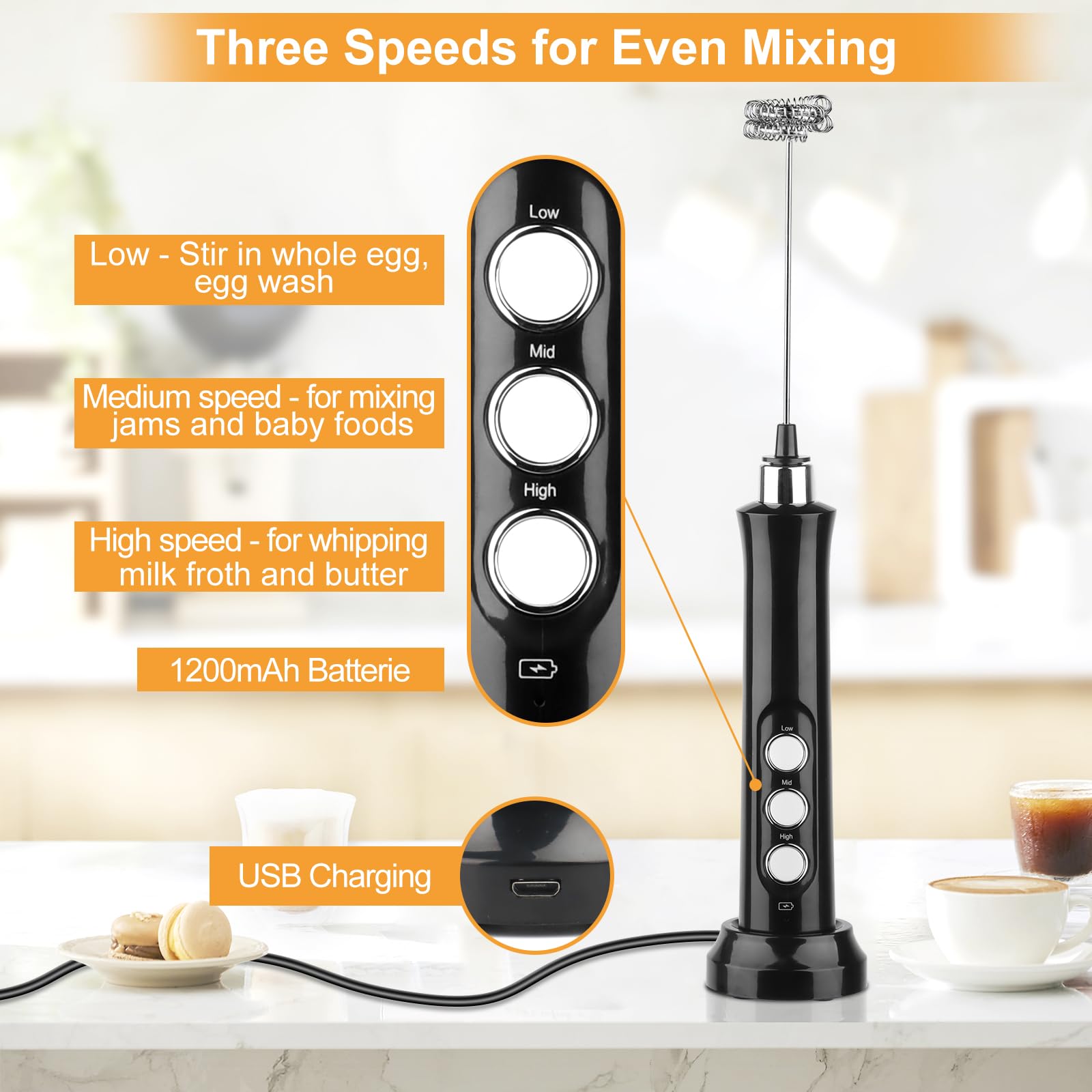 NVIYAM Frullino Montalatte, Schiumatore Latte Elettrico, USB Ricaricabile Montalatte Elettrico con 3 Frullino in Acciaio Inox, 3 Velocità Regolabili, per Cappuccino, Latte, Matcha, Caffè, Cioccolata
