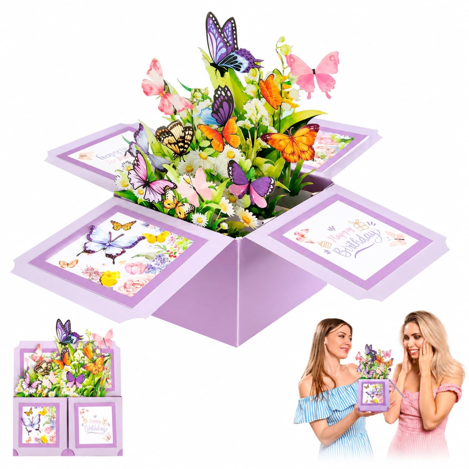 3D Pop Up Butterfly Birthday Card, Flower Greeting for Women with Envelope