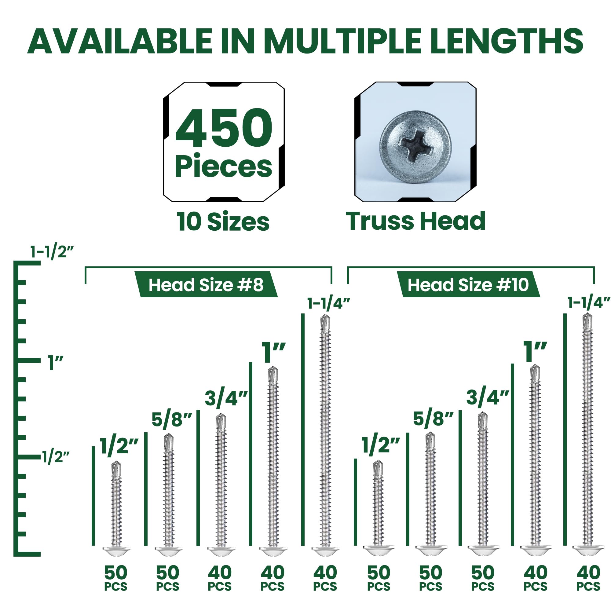 450 viti autofilettanti per metallo, legno e plastica, viti autofilettanti in acciaio inossidabile 410 di alta qualità, include #8 (1/2", 5/8", 3/4", 1", 1-1/4") #10 (1/2", 5/8", 3/4") 2 cm. 5 cm