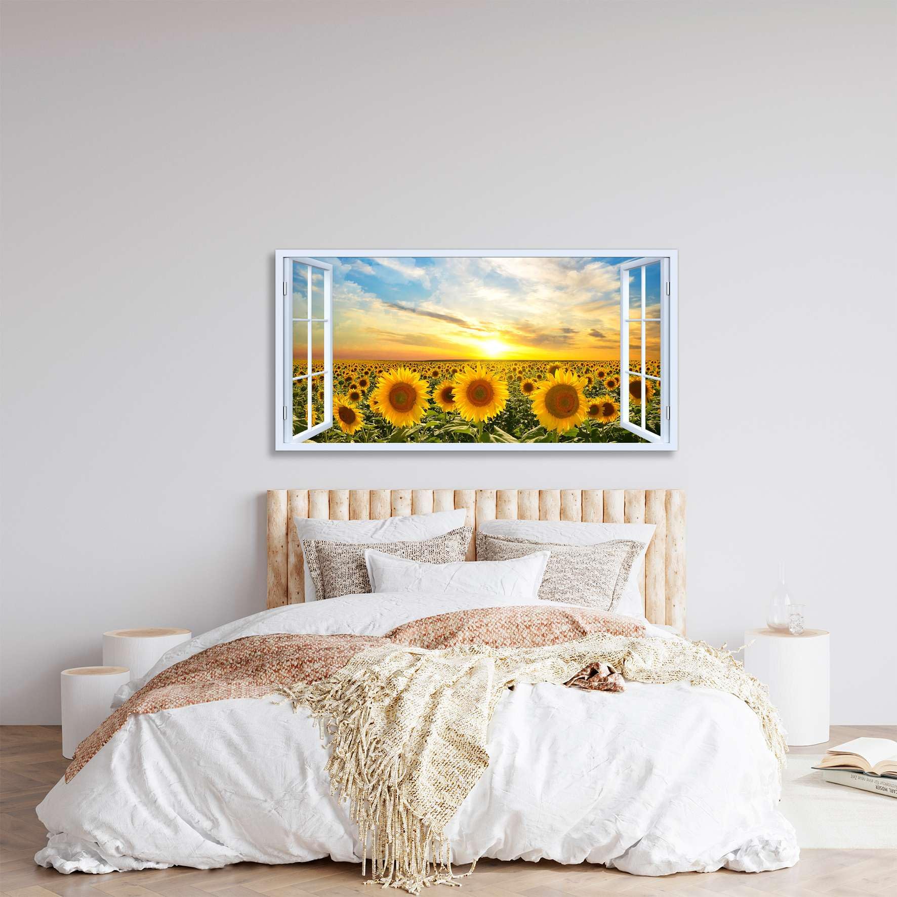 Quadro finestra panorama campo di girasoli tramonto - Stampa su tela con telaio in legno - 120x60 cm