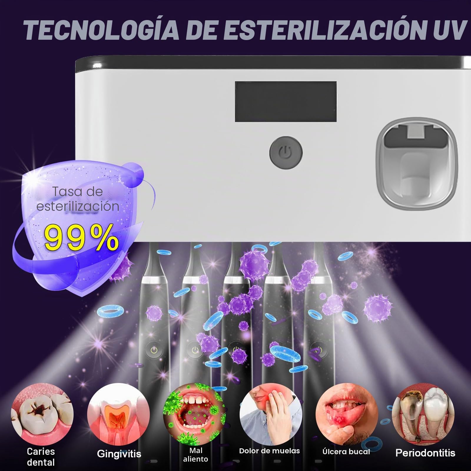 Soporte para Cepillo,Dispensador Automático de Pasta de Dientes y Portacepillos de Pared con 5 Ranuras,Porta Cepillo De Dientes con FuncióN De Esterilizador De Rayos Ultravioleta sin Taladrar