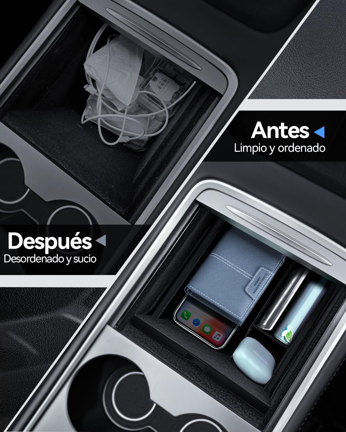 Organizer para Tesla Model Y 2021-2024 y Model 3 2021-2023 Bandeja Organizadora de Consola Central, Caja de Almacenamiento Cajón Oculta Accesorios para Tesla Model Y Model 3