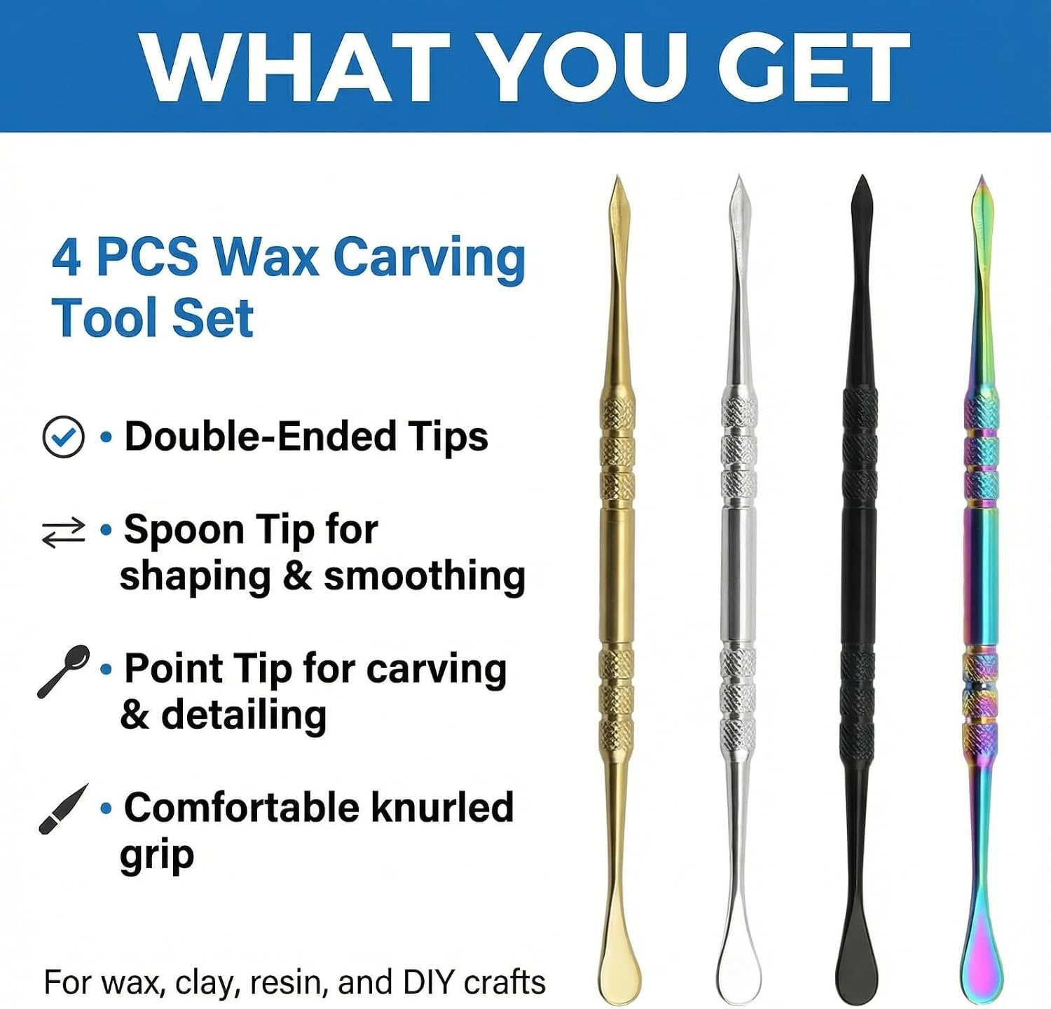 4 Pcs Wax Carving Tools Set, Stainless Steel Double-Ended Sculpting Tools for Wax Clay Pottery, Non-Slip Grip Detail Modeling Tools for Sculpting, Carving, Shaping & Jewelry Making(4.8inch）