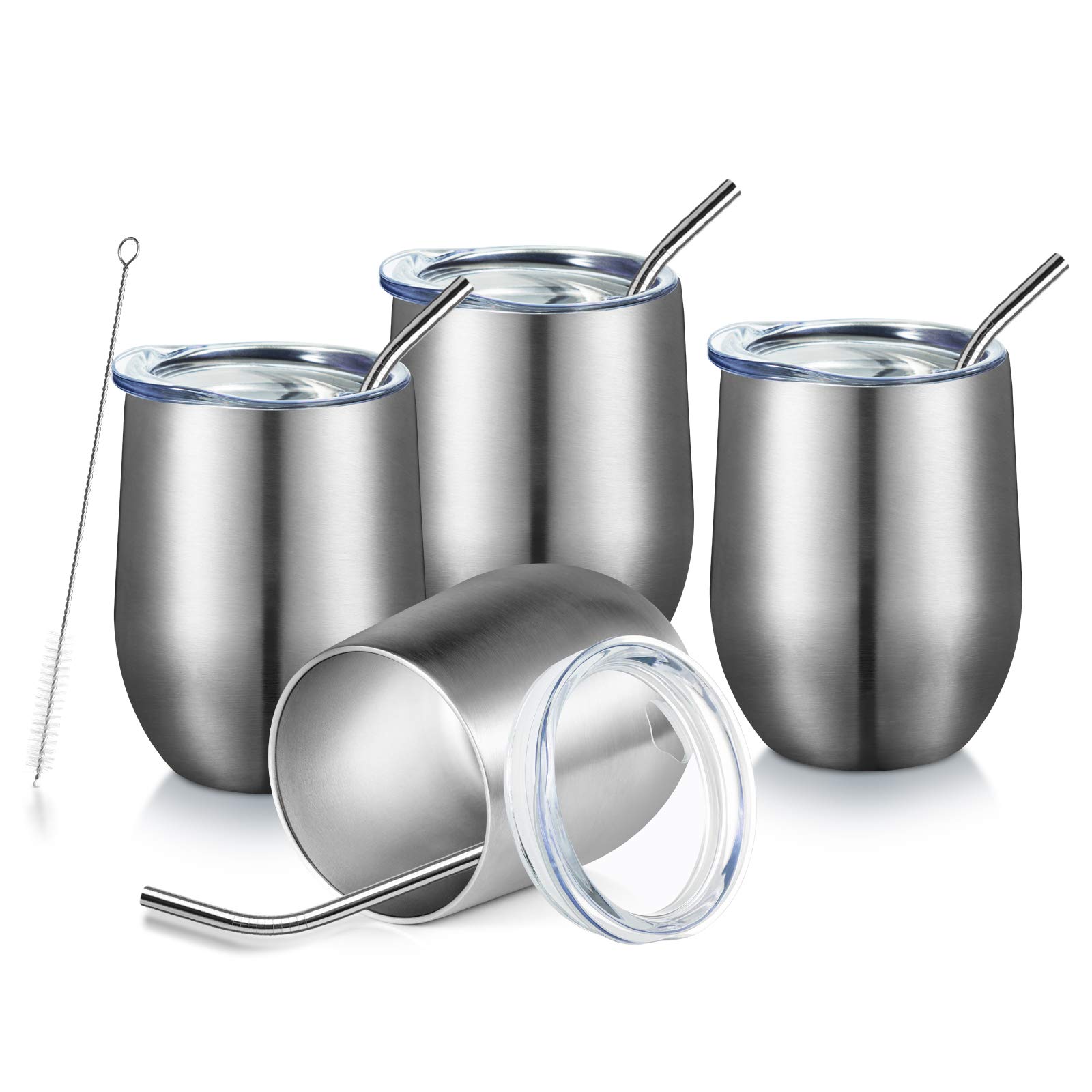 COMOOOWine Tumbler 12 oz Insulated Wine Cup with Lid and Straw Stainless Steel Wine Glass Tumbler Set of 4 Stemless Vacuum Coffee Mug for Champaign Cocktails Party Office (Silver, 4 Pack)