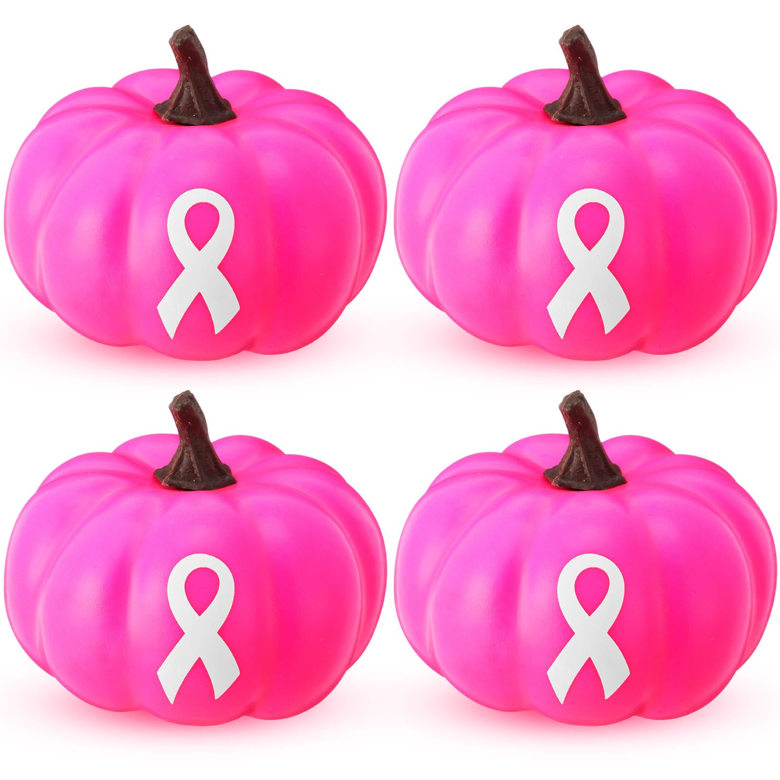 Cinnvoice 4 Pcs Breast Cancer Awareness Decorations Artificial Pumpkins Bulk Rose Red Faux Foam Pumpkins with Pink Ribbon for Fall Table Centerpieces Breast Cancer Party Decor(Rose Red,4.33 Inch)