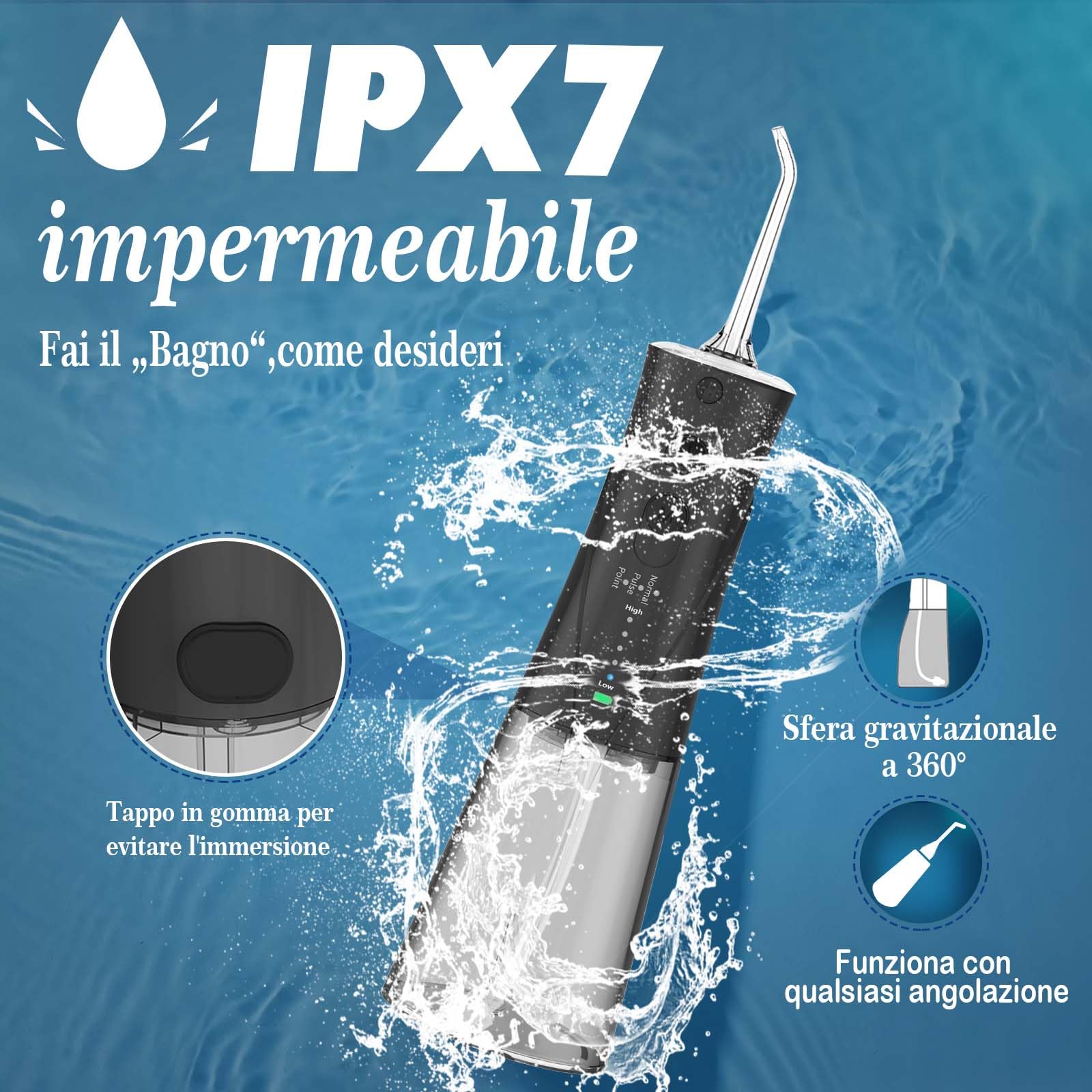 SURFOU Idropulsore Dentale Portatile 3 Modalità 5 Pressione dell'acqua e 7 Ugelli, 230 ml IPX7 Impermeabile USB Ricaricabile per Viaggi e uso Domestico
