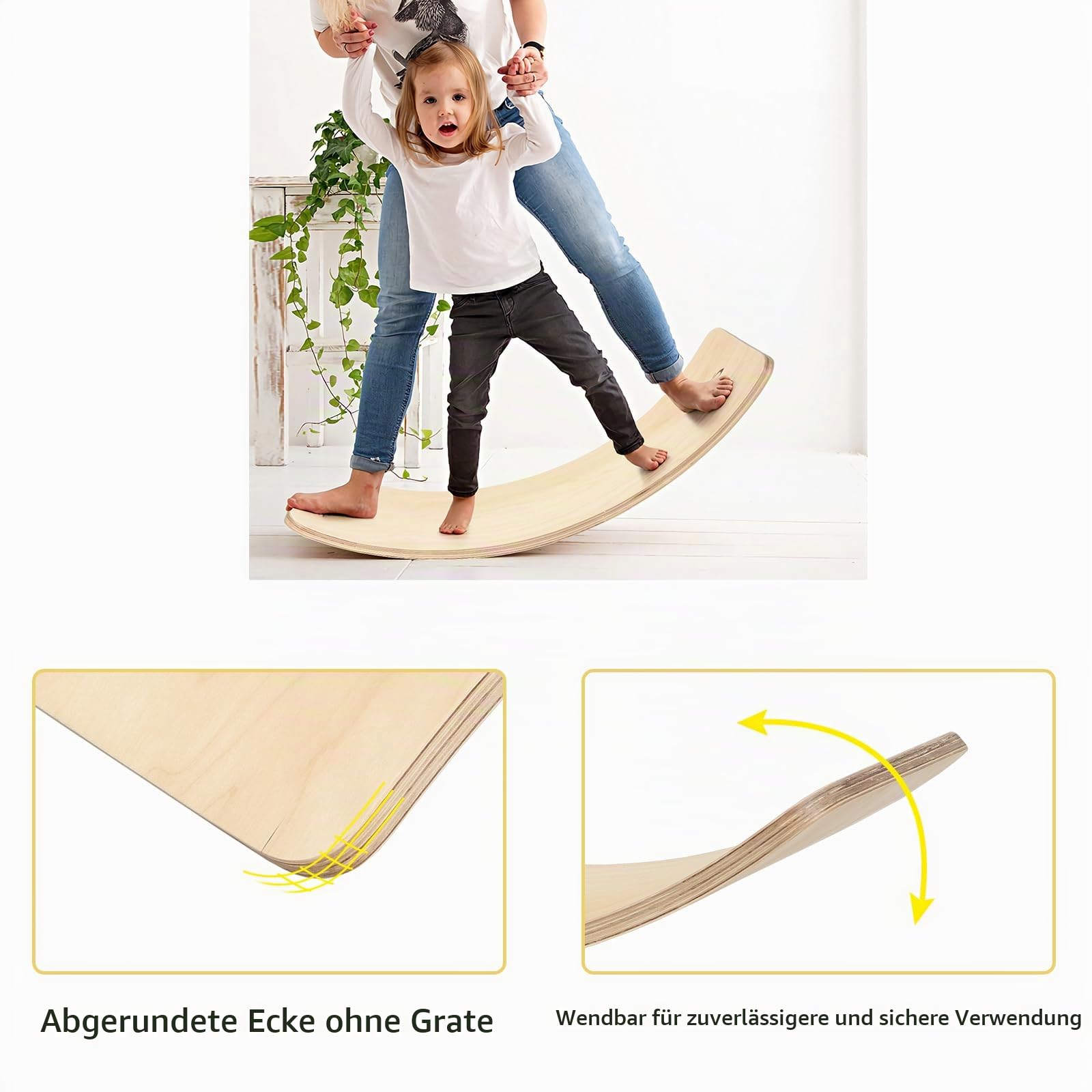 KOMFOTTEU Balancierbrett Balanceboard Holz, Wackelbrett mit Flitz, Kurviges Board für Balancier, Balance Board Gleichgewichtsboard bis 220kg belasbar, für Kinder & Erwachsene (90x30x19 cm)