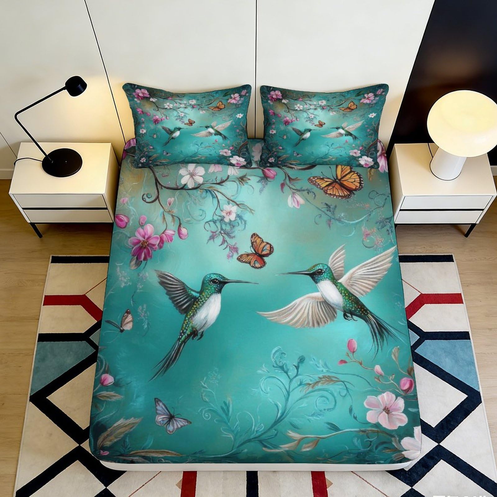 3D Printed Hummingbird Floral Fitted Sheet Microfiber Soft Breathable Butterfly Bed Cover for Bedroom Guest Room Decor 90x200x25cm