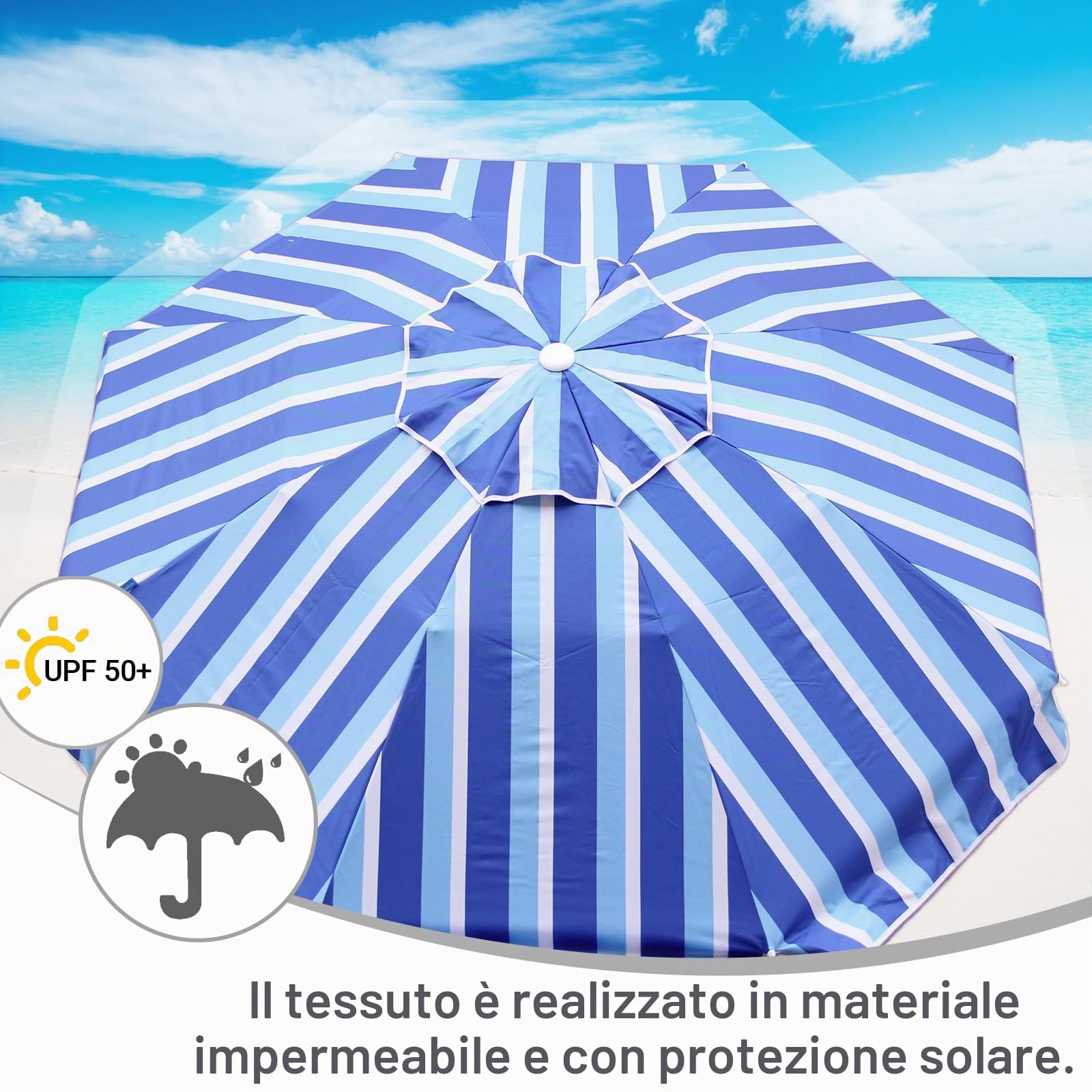 LOTTAFUN Ombrellone da spiaggia da 2 m, resistente, resistente al vento, UV 50+, portatile, con ancoraggio per sabbia e borsa per il trasporto, ombrello pieghevole per spiaggia, piscina, patio