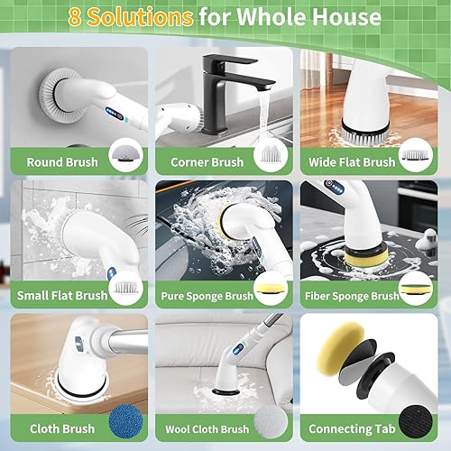 Miniatura 7 de Limpiador eléctrico giratorio  Cepillo de limpieza para el hogar con 8 cabezales, barra extensible de 5.2 pulgadas para grasa rebelde en parrilla,