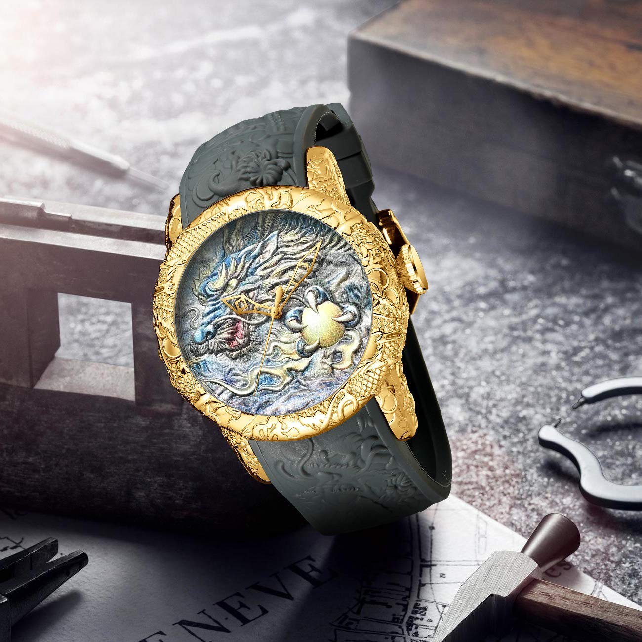 Mastopmens Fashion Big Dial 3d Sculpture Dragon Watches Men Quartz