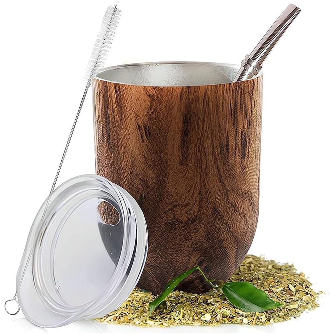 X spring Mate Tea Cup, Easy Wash Yerba Mate Container for Yerba Mate Loose Leaf Drinking, Stainless Steel Double Wall Mate Cup Set, Includes Clear Lid and Cleaning Brush, Straw Not Included, 350ML