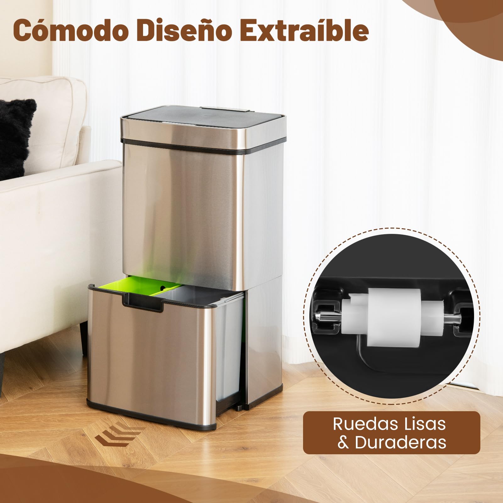 COSTWAY 72 L Cubo de Basura Automatico de Acero Inox, Cubos de Basura de Reciclaje con Sensor de Movimiento, 4 Compartimentos, 2 Niveles, Cubos de Basura Cocina Inteligente (Plata)