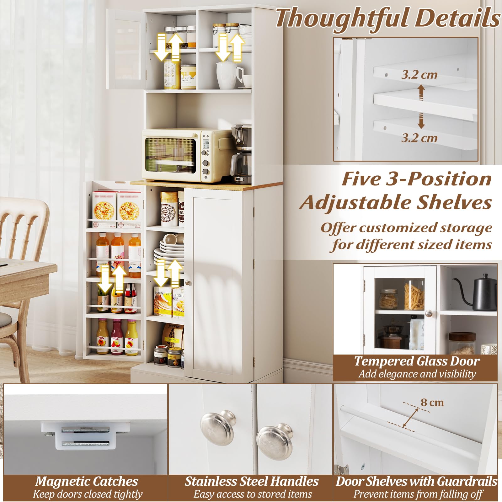 KOMFOTTEU Credenza Alta da Cucina 170 cm con Ripiani Regolabili, Fori per Cavi, Porta in Vetro Temperato, Mobile Buffet per Soggiorno, Sala da Pranzo, 60 x 35 x 170 cm, Bianco