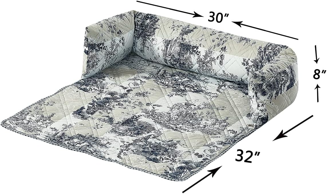 Brilliant Sunshine Quilted Calming Dog Bed Mat, Removable Washable Cover, Cushion Protector and Couch Covers for Dogs, Pets, Cats, Medium, Blue Beige Toile