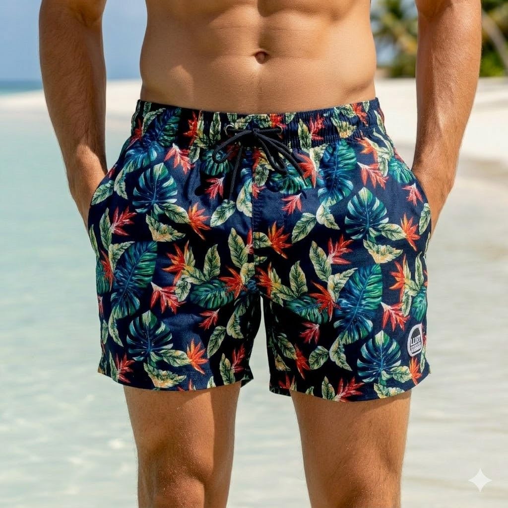 Short de Bain Homme Court Hawaï | Maillot 36cm Imprimé Tropical | Séchage Rapide, Filet et Infroissable