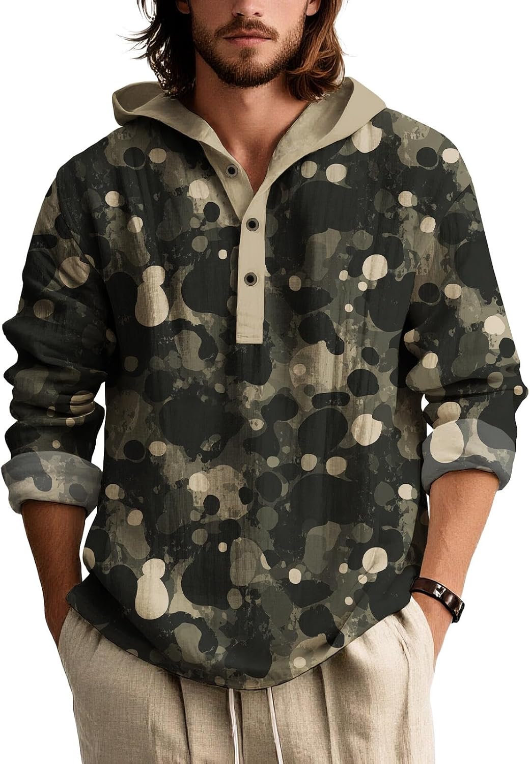 BIVENANT Men Camo Hoodies 1/4 Button Shirts Graphic Long Sleeve Gradient Pullover Tops Sweatshirt Hooded Hunting Clothes