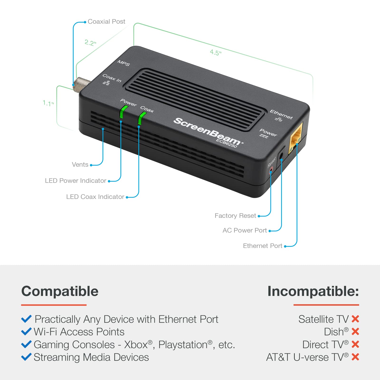 ScreenBeam MoCA 2.5 Network Adapter for Over Coax (1 Pack) 1 Gbps Coax to