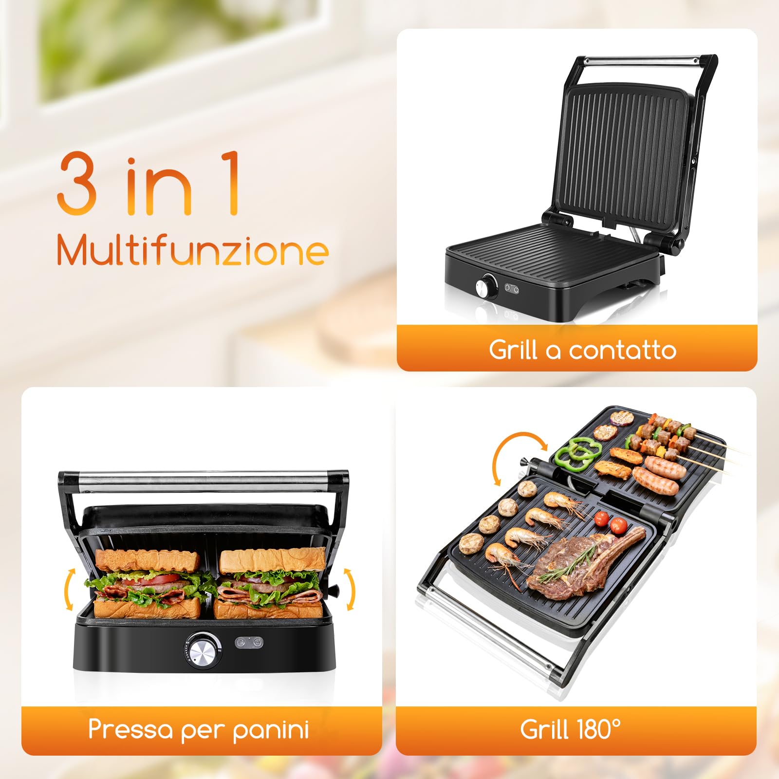 Aigostar Tostapane Piastra 3 in 1, Tostiera Elettrica con Piastre Panini Antiaderenti, 1800 W, Bistecchiera Elettrica con Regolatore di Temperatura, Apertura a 180°, Vassoio Raccogligocce, Calore