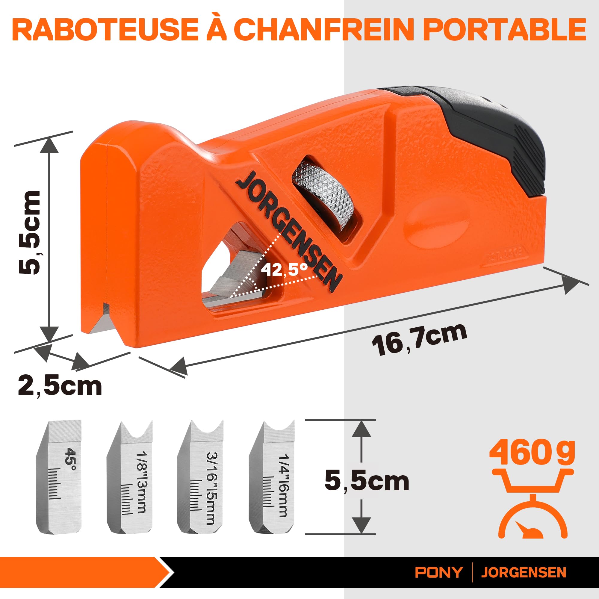 JORGENSEN Raboteuse à Chanfreiner avec Lame à 45 Degrés+3/5/6mm, Rabot d'Angle de Menuiserie pour le Travail du Bois, Rabot Manuel pour Menuisiers, Ébénistes, Travailleurs du Bois